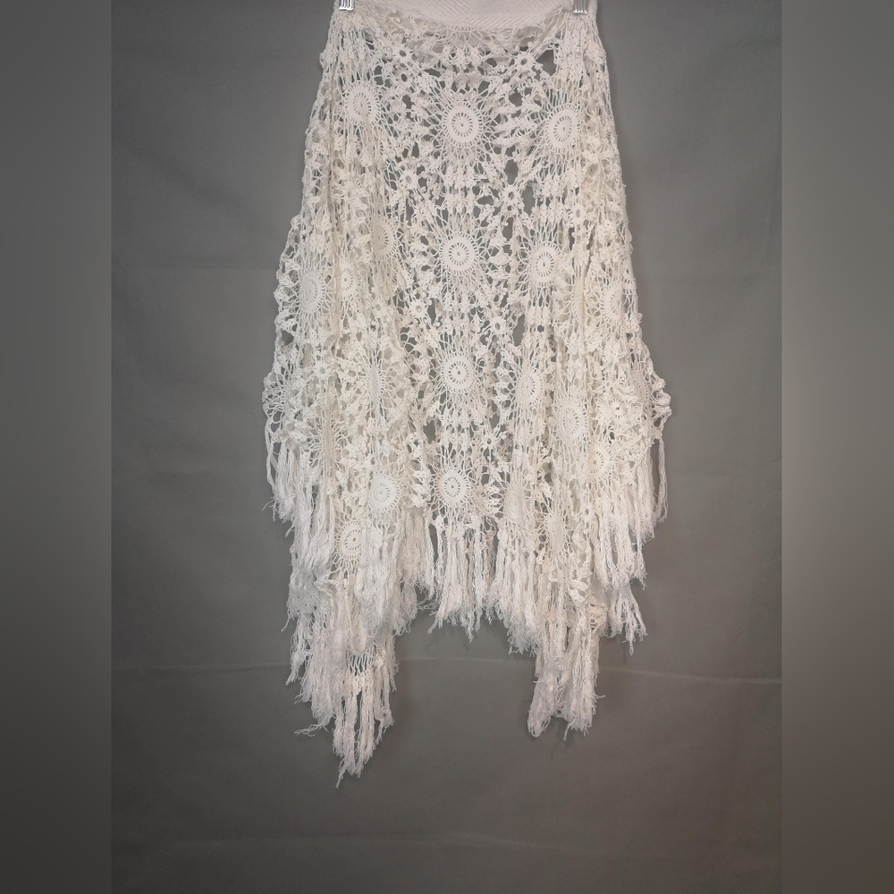 Upcycled White Crochet Lace Boho Handkerchief Hem Skirt - Picture 7 of 7